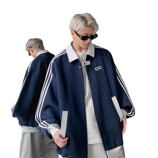 Three Bars Contrast Laps Coat Men's 2024 Spring and Autumn New American Style High Street College Style Loose Casual Jacket