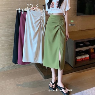 2024 Summer plus size chubby girl Mid-length Skirt Women's High Waist Irregular Pleated Split A- line Skirt Hip Skirt