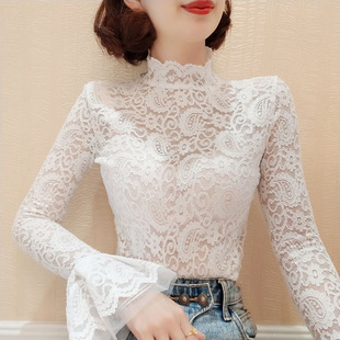 Lace Base Shirt fleece-lined Women's New Mesh Ruffled High Neck Inner Horn Sleeve Tight Sexy All-match Top