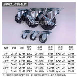 Hot sale 1/1.5/2/2.5/3 inch rubber wheel black casters furniture universal wheel silent wheel shelf pulley