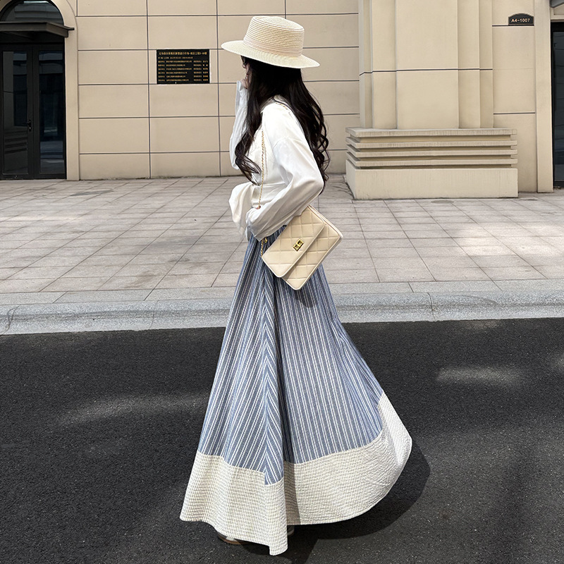Japanese Retro Striped Skirt for Women, Spring and Summer High-Waisted Slimming Mid-Length Skirt with a Relaxed Drape, A-Line Umbrella Skirt