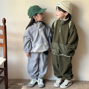 Children's Autumn and Winter Fleece suit Boys and Girls fleece-lined Sweatshirt 2024 New Spring and Autumn Baby Warm Two-piece Set