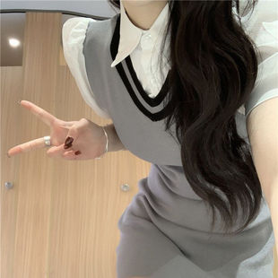 Academy Style Fake Two-piece Short-sleeved dress Women's Summer 2025 New Style Elegant Bubble-sleeved Short Skirt Slim-fit Bag Arm Skirt