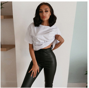 Spring 2022 slim fit tight bow PU leather solid color cropped pants high waist black ordinary straight leggings leather pants