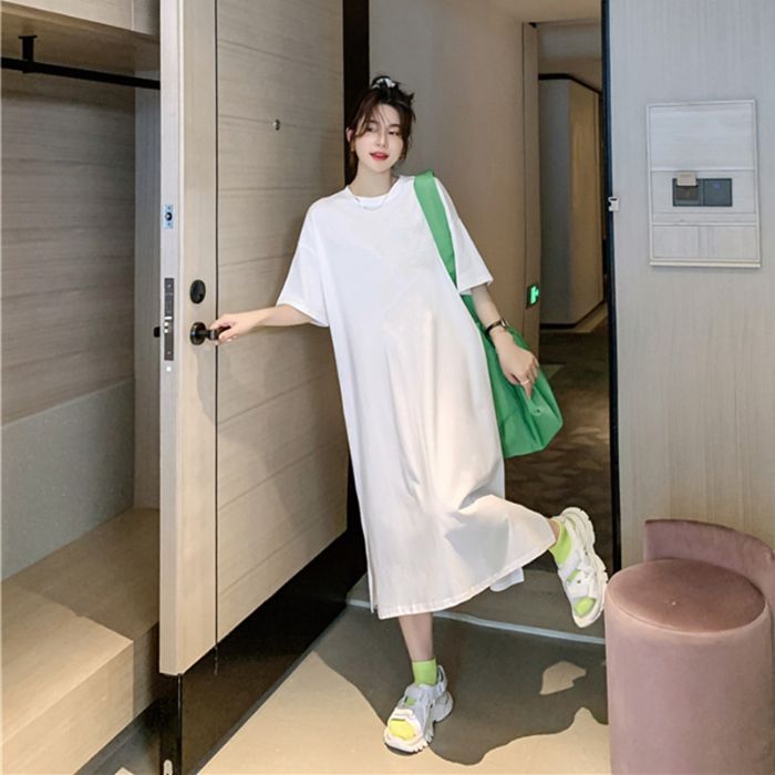 2026년 신상 일본과 한국 스타일의 허리라인을 살려주는 캐주얼 라운드넥 반팔 원피스 여성 여름 중간 길이 슬림핏 롱 원피스
