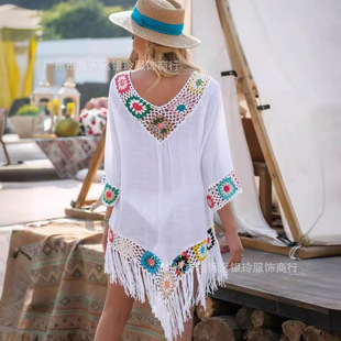 European and American Bohemian Style Hand Hook Stitching Slub Cloth Beach Swimsuit Hollow Knitted Blouse Bikini Sunscreen