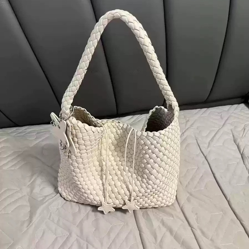 Gun-style champagne-colored hand-woven tote bag for women, large capacity, high-end style, handbag/shoulder/bucket bag