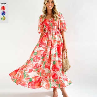 European and American Cross-border Amazon Dress 2023 Summer Export Elegant Waist Square Collar Printed Long Skirt for Women