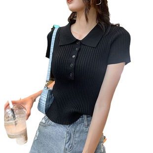 Ice Silk T-shirt Women's Short Shirt Collar Polo Shirt Tight Short Sleeve Summer Pullover Base Shirt ins2024 Color T-shirt