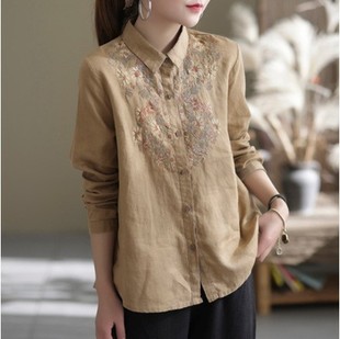 Guka Costume Spring and Autumn Artistic Linen Shirt Women's Casual Embroidered Long-sleeved Loose Vintage Artistic Lapel Shirt