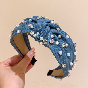 Europe and the United States cross-border hot selling denim hair band pearl rhinestone knotted wide-brimmed fashion headband women go out fabric hair accessories