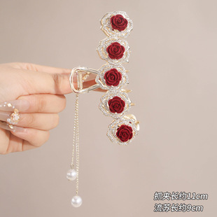 Red Rose Clip Women's 2024 New Year High-end Antique Hairpin Back of Head Bride Shark Clip Hair Accessories