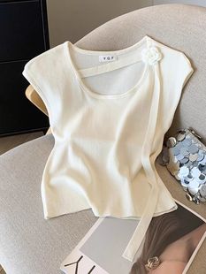 Chanel Style Purple Hanging Neck Flower Knitted Sweater Women's Summer Sweet Chic Flying Sleeve Small Shirt Ribbon Top Women's Clothing