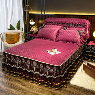 Korean-style lace edge Crystal velvet quilted thickened bed skirt bedspread single-piece bedside cover fleece-lined cotton-padded thermal bedspread