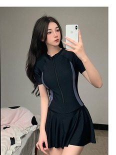 Swimsuit women's fashion color matching 2024 new conservative one-piece dress belly covering slimming sports boxer hot spring swimming suit