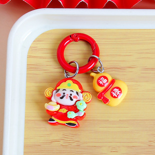 Cartoon Resin God of Wealth Keychain Pendant Red Festive God of Wealth Student Schoolbag Hanging Ornaments Keyring Small Gifts