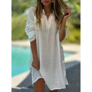2025 New Amazon Independent Station Casual Spring and Summer Loose Beach Short Sleeve Solid Color Cotton Linen Shirt dress