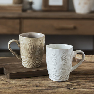 Creative embossed ceramic mug couple cup vintage small fish coffee cup drinking cup household milk oatmeal cup
