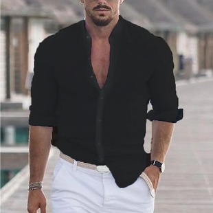 Amazon wish Cross-border Supply European and American Solid Color Men's Shirt Guerra Cardigan Casual Collar Long Sleeve Shirt