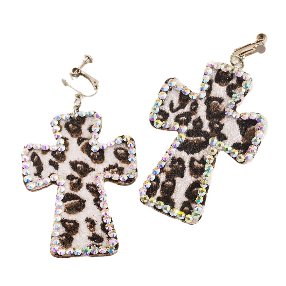 Cross-border Niche Japanese Harajuku Hot Girl Earrings Leather Leopard Cross Exaggerated Adjustable Ear Hook Ear Clip Earrings