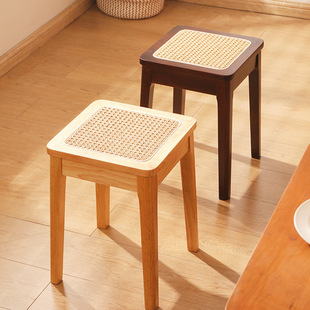 Solid Wood Rattan Stool Household Stacked Square Antique Stool Dining Table Bench Standby Breathable Dining Stool Simple High Chair