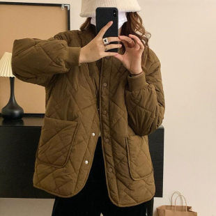 Round neck rhombus large pocket versatile thin cotton-padded women's 2022 autumn and winter New Cotton solid color warm coat Women's