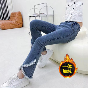 Girls fleece-lined jeans autumn and winter 2024 children's autumn girls thick horn pants factory wholesale