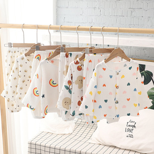 Free shipping Yikids pajamas for boys and girls baby spring and summer cotton gauze long sleeve trousers home suit