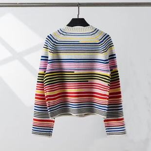Ejia Autumn and Winter New Big Cousin with Rainbow Striped Cashmere Wool Crewneck Knitted Short Cardigan Jacket for Women