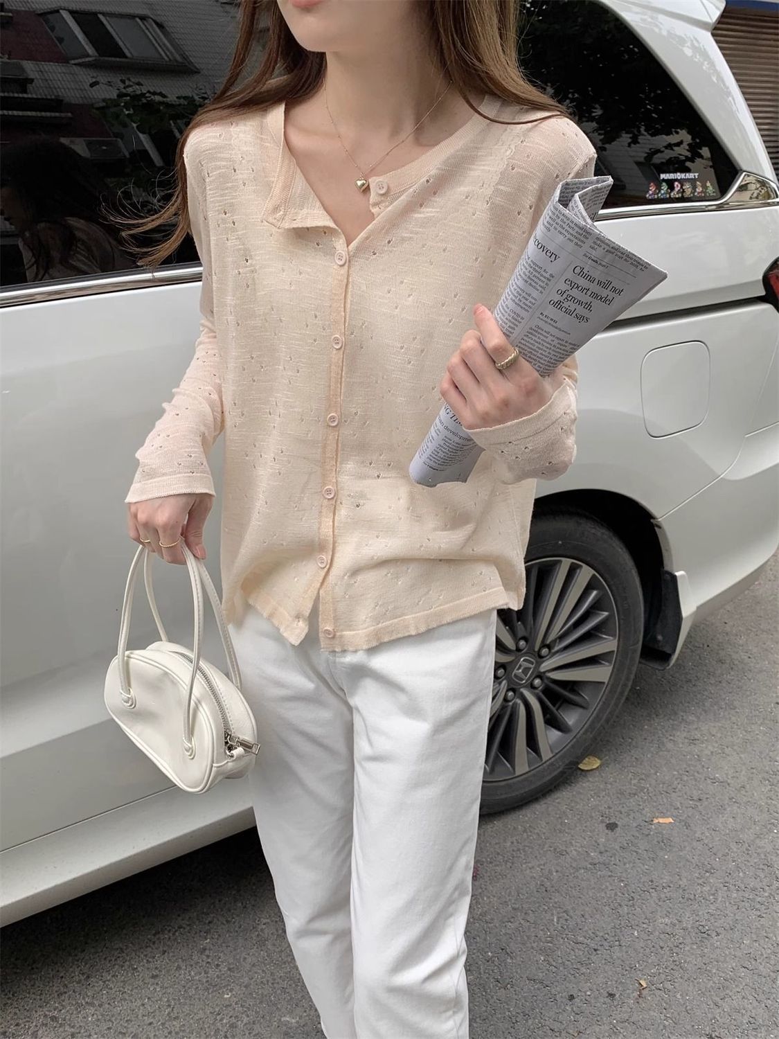 여름 여성용 싱글 브레스트 얇은 자외선 차단 스웨터, 루즈하고 슬림한 짧은 긴팔 블라우스, 크로셰 중공 화이트 가디건