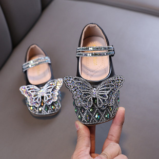 Autumn 2025 New Lady Baby Girl Girl Princess Diamond Shoes Leather Shoes Dance Shoes