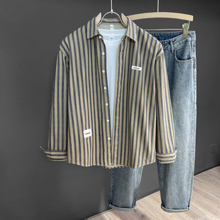 Autumn New Retro Stripesd Lapel Long-Sleeved Shirt Men's Trendyy High-End Handsome Men's Early Autum Shirt Jacket