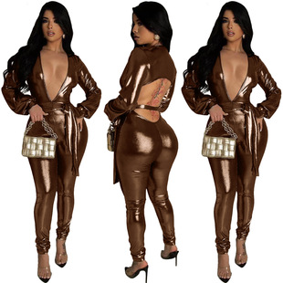 Cross-border European and American women's clothing Amazon Fashion sexy deep V glossy bronzing lace-up slim-fit long-sleeved jumpsuit
