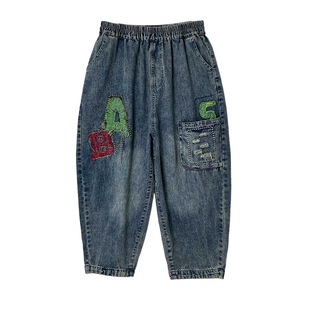 Real Shot in stock Early Autumn Denim Loose Casual Fashion All-match Floral Embroidered Fur-edged 9-point Harlan Jeans
