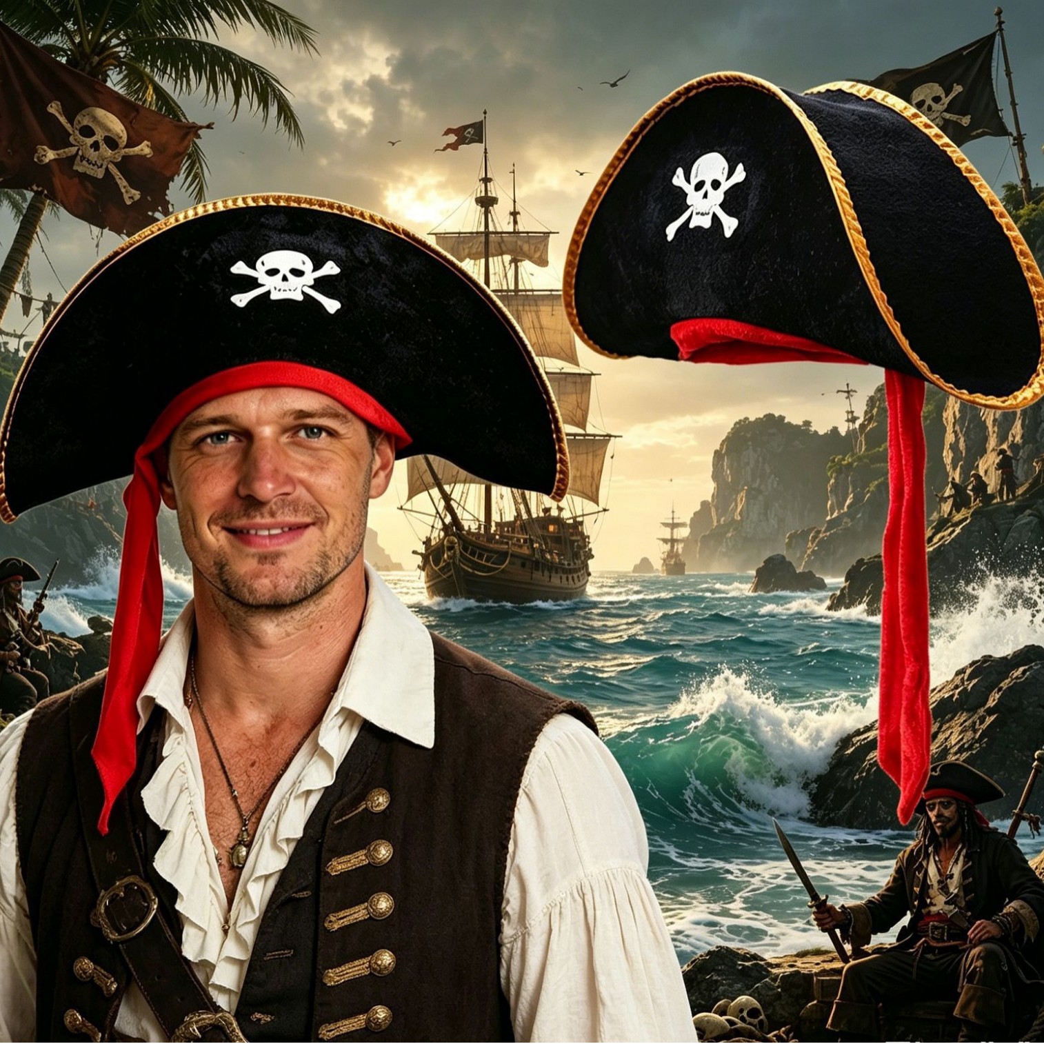 Halloween Pirate Hat Party Ball Caribbean Pirate Captain Hat Red Scarf Cosplay Stage Performance Costume Props