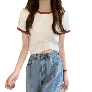 2024 Navel Top Summer New Contrast Color Slim-Fit Slimming Short Design Sense Minimizer Short-Sleeved T-Shirt for Women