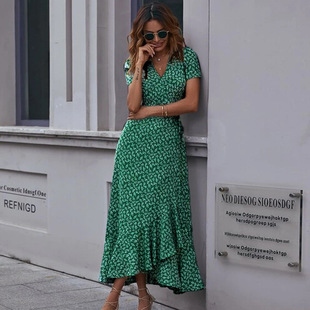 Cross-border independent station floral V-neck cardigan lace-up short sleeve dress bohemian large swing holiday beach dress