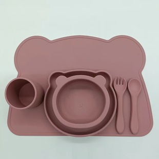 Jiexi silicone tableware suit wholesale placemat Panda plate suction cup Bear Bowl spoon Fork water cup food grade