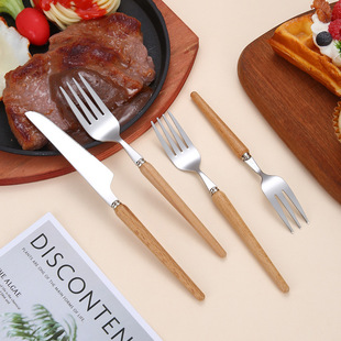 Japanese Wooden Handle Stainless Steel Knife and Fork Spoon Western Food Steak Knife 304 Stainless Steel Tableware Soup Spoon Fruit Dessert Fork