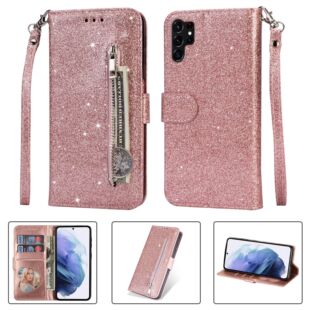 For Samsung S23 glitter zipper card case leather case S23ultra foreign trade lanyard wallet phone case S23plus