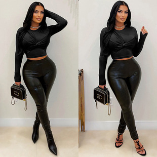 Letter D23ST478 Europe and the United States cross-border 2024 autumn new round neck long sleeve kink leather pants suit women's clothing