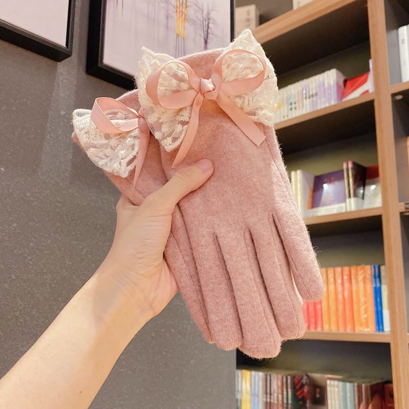 Cashmere Wool Gloves Women's Winter Warm Riding Driving Plus Velvet Thickened Bow Cold-proof High-grade Big Bow