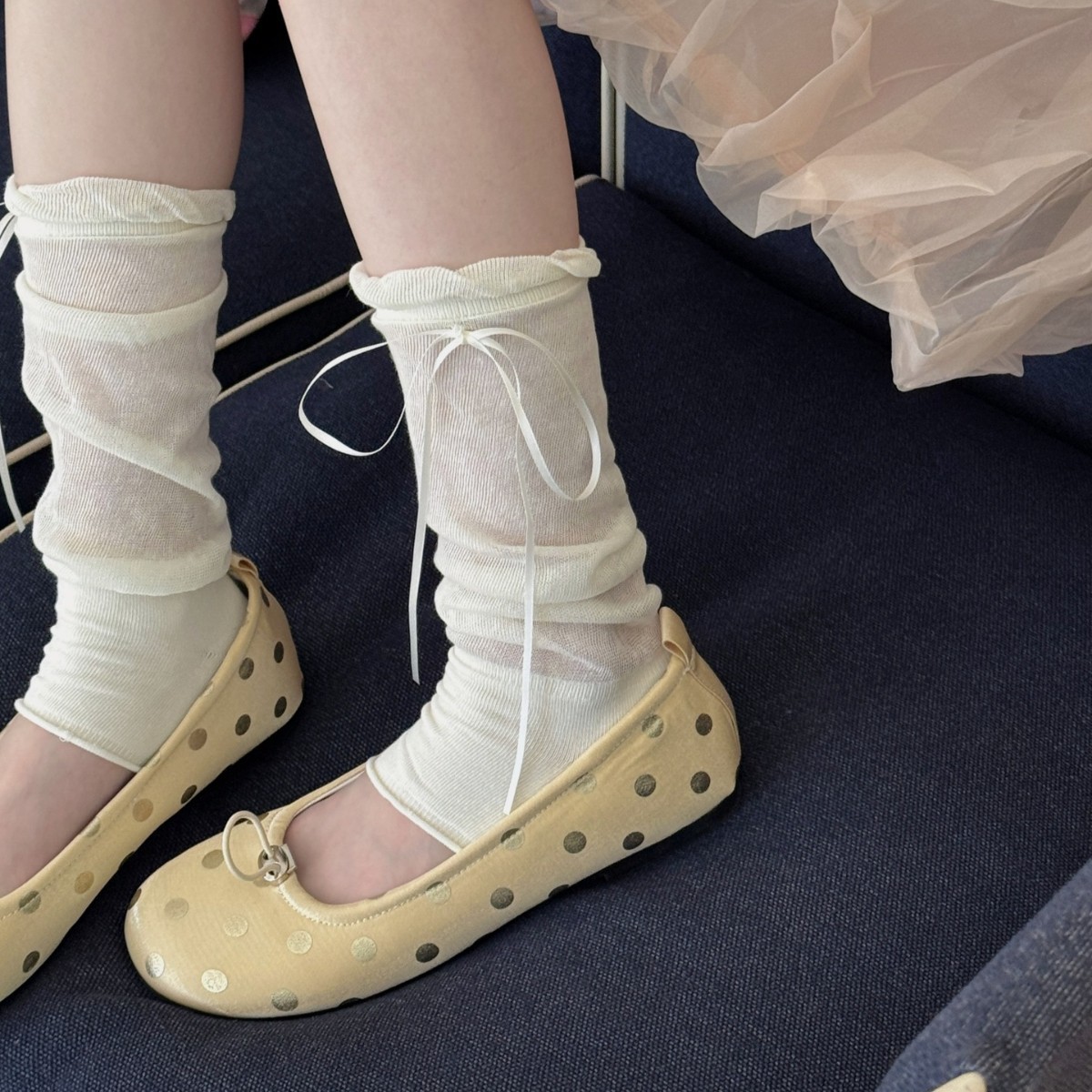 Thin Footless Socks with Ballet-Style Bowknot, Sun-Protective Slouch Socks with Bubble Edge, Japanese-Style White Leg Warmers