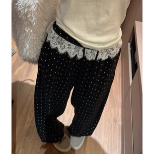 [high quality] lace stitching wave point casual pants children spring and autumn 2025 new drape wide leg pants