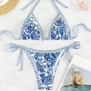 2025 новый сине-белый фарфор бикини бикини bikini Европа и США Сплит костюм купальник женский бикини