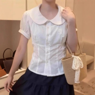BM Style Jin Zhini Same Style French Style Age-reducing Doll Collar Buckle Shirt Women's Tight Waist Slimming Ancient Sweet Short Top