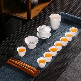 High-end Gift Box Ceramic Kung Fu Tea Set Home Office Dehua White Porcelain Cover Bowl Tea Cup Complete Set of Engraving logo