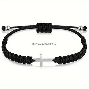 Cross-border simple cross black and white braided rope couple girlfriends bracelet adjustable stainless steel cross hand rope