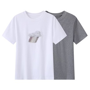 in stock 2025 Summer New Loose Casual All-match Clouds Rainbow Embroidery Crewneck Short-sleeved T-shirt Top 2J2B361