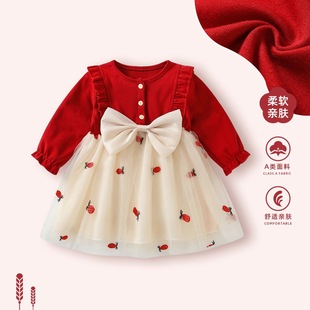 One-year-old Girl's Dress Red Dress Short-sleeved One-year-old Girl's Clothes Grab Week Banquet Princess Dress Girl's Summer